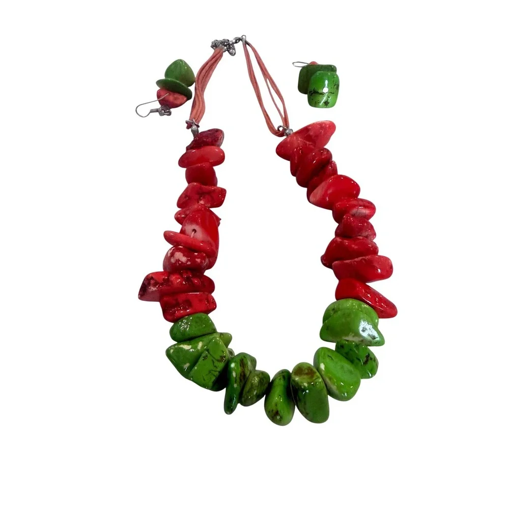 Vintage Chunky Red Coral green Statement Necklace and Earring Set Sterling clasp